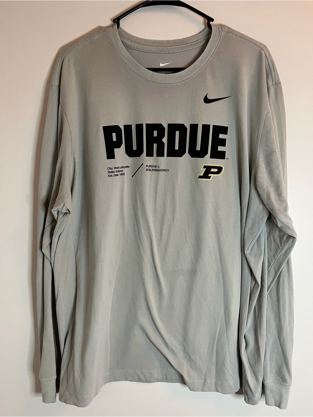 Nike Purdue Boilermakers Long Sleeve Dri-Fit T-Shirt Tee Light Gray Mens 2XL XXL